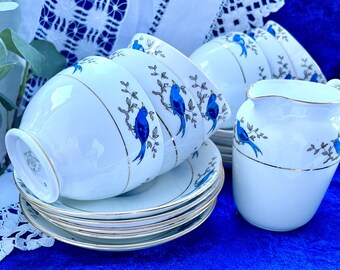 1920s Tuscan China, England, Hand Painted Blue Bird 21 piece Tea Set