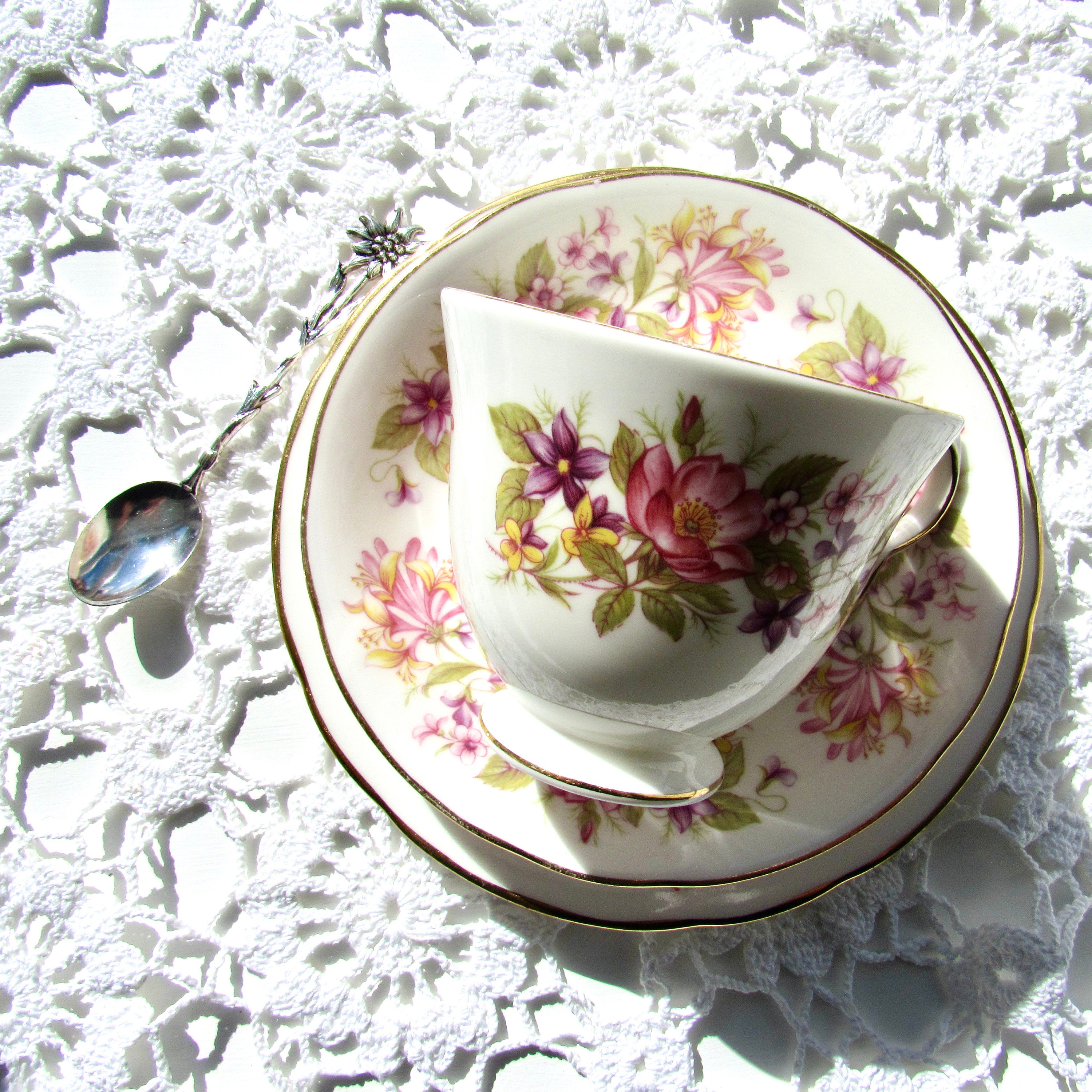 tea cup saucer salad plate & side plate Colclough Wayside honeysuckle pattern 
