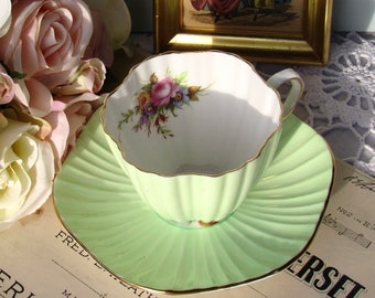 Green Foley Bone China Tea Cup and Saucer,  Made in England 1850, E Brain & Co Ltd