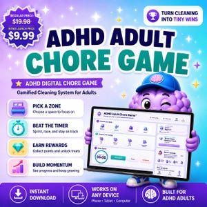 May include: A digital ADHD Adult Chore Game interface displayed on a tablet, held by a purple brain character wearing a blue cap. The screen shows options to pick a zone, beat a timer, earn rewards, and build momentum with a 5-minute sprint timer.