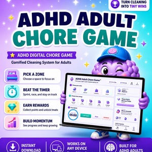 ADHD Adult Chore Game™ | Interactive Digital Download | Focus Sprint Timer & Dopamine Motivation Tool | Instant Download for Adults