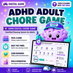 ADHD Adult Chore Game™ | Interactive Digital Download | Focus Sprint Timer & Dopamine Motivation Tool | Instant Download for Adults