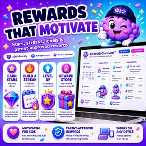 May include: A digital interface for the ADHD Kids Chore Game displayed on a laptop screen, featuring a purple brain character, reward icons, progress trackers, and text detailing stars, streaks, levels, and parent-approved rewards for children.