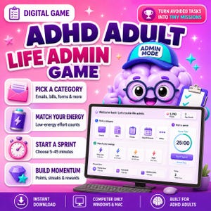 ADHD Life Admin Game voor volwassenen, printbare taakmotivatie, focustimer, takenlijstspel voor volwassenen, planner voor executieve functies (cadeau)