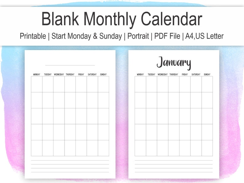 Blank Monthly Calendar Portrait A4/US Letter Printable | Etsy