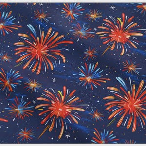 May include: A dark blue fabric featuring a repeating pattern of vibrant fireworks in shades of red, orange, and light blue. The design includes small white star-like accents scattered throughout the background, creating a festive display.