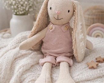 Conejo de tela cosido a mano de 46 cm – Peluche personalizado con nombre – Regalo para nacimiento, bautizo y habitación de bebé