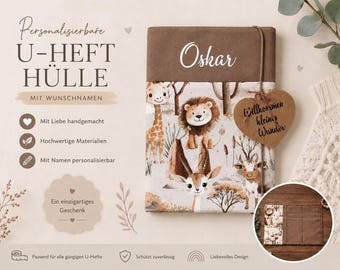 Funda personalizada para el libro de registro del bebé: funda de tela con diseño de safari | Hecha a mano | Cartilla de vacunación, tarjeta de seguro