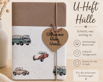 Funda personalizada para el libro de registro del bebé: funda de tela con coches | hecha a mano | cartilla de vacunación, tarjeta del seguro