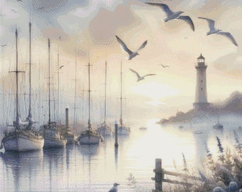 Cross stitch pattern, Misty Harbor Embroidery, Watercolor Landscape Wall Art Hand embroidery pdf, Ukraine modern cross stitch pattern
