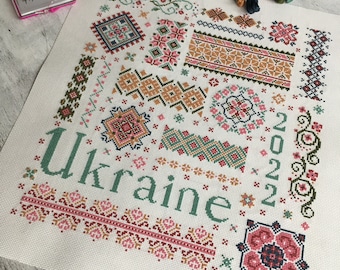 Cross stitch pattern from Ukraine  .  Cross Stitch Sampler in Ukrainian style .  Pray for Ukraine .  Modern embroidery pattern pdf