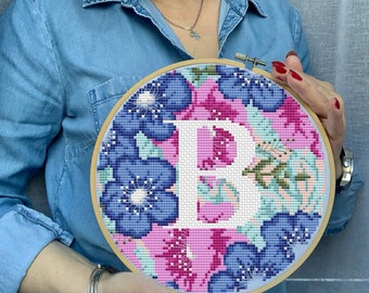 Letter B Cross Stitch Pattern, Monogram Cross Stitch Design With Flowers, Modern Embroidery PDF