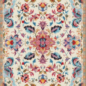 Può includere: Un tappeto in stile vintage con sfondo crema e un motivo floreale in tonalità di rosa, blu, rosso e giallo. Il tappeto ha un bordo con un motivo ripetuto di blu, rosso e giallo.