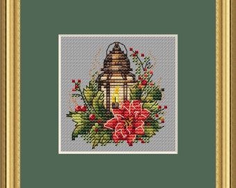 Christmas Lantern cross stitch pattern , Poinsettia Flower Miniature cross stitch pdf , Ukrainian cross stitch pattern