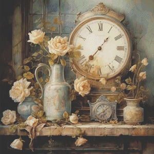 May include: A still life featuring a vintage clock with roman numerals, a blue and white ceramic pitcher with a floral design, and a bouquet of white roses. The clock and pitcher are on a wooden shelf with a smaller clock and a vase with flowers.