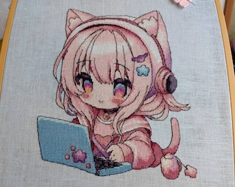 Anime Mädchen Kreuzstichmuster . Modernes Stickdesign. Ukrainisches Kreuzstichmuster