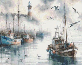 Cross stitch pattern, Misty Harbor Embroidery, Watercolor Landscape Wall Art Hand embroidery pdf, Ukraine modern cross stitch pattern