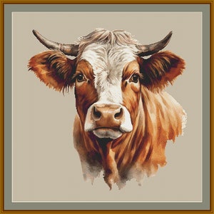 May include: A close-up portrait of a brown and white cow with large, dark eyes. The cow has a white patch on its forehead and is looking directly at the viewer.