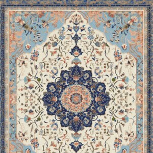 Puede incluir: Una alfombra persa tradicional con un patrón floral azul, blanco y rojo. La alfombra tiene un medallón central con un diseño geométrico.
