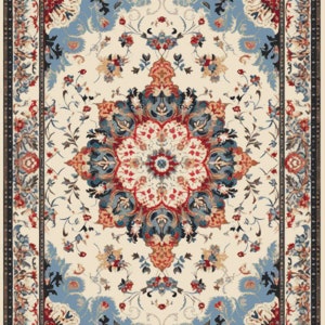 Puede incluir: Una alfombra de estilo vintage con fondo crema y un gran diseño floral intrincado en tonos rojos, azules y marrones. La alfombra tiene un borde con un patrón repetitivo de flores y hojas.