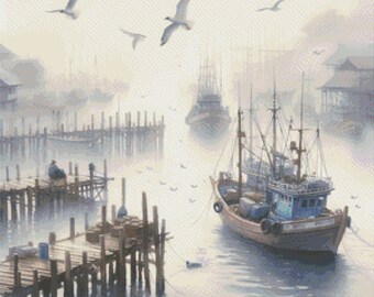 Cross stitch pattern, Misty Harbor Embroidery, Watercolor Landscape Wall Art Hand embroidery pdf, Ukraine modern cross stitch pattern