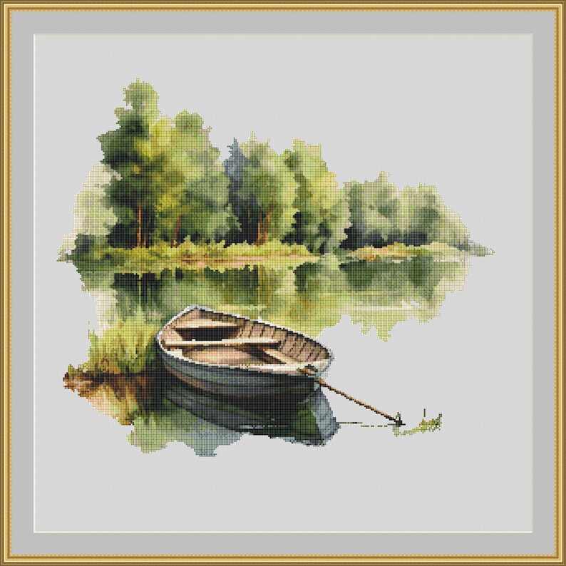 Green Watercolor Landscape Cross Stitch Pattern , Landscape With a Boat