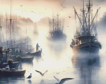 Cross stitch pattern, Misty Harbor Embroidery, Watercolor Landscape Wall Art Hand embroidery pdf, Ukraine modern cross stitch pattern