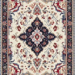 Könnte beinhalten: Aufwendig gestalteter Teppich mit zentralem Medaillon und floralen Mustern. Der Teppich hat einen cremefarbenen Hintergrund mit marineblauen, roten und hellblauen Akzenten. Der Rand ist dunkelblau mit floralen Motiven.
