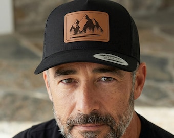 Gorra de camionero con parche de cuero de montaña, gorra SnapBack de la cordillera, gorra de béisbol para senderismo al aire libre, ropa de moda para hombres y mujeres, idea de regalo de moda