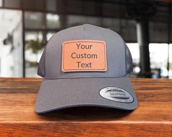 Custom Leather Patch Hat Personalized Trucker Hat Custom Text Snapback Hat Engraved Logo Hat Gift for Him Father’s Day Custom Name Hat