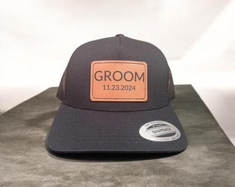 Groom Hat with Personalized Wedding Date Wedding SnapBack Trucker Hat Bachelor Party  Baseball Cap Leather Patch Hat Wedding Gifts ideas