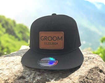 Groom Hat with Personalized Wedding Date Wedding SnapBack Trucker Hat Bachelor Party  Baseball Cap Leather Patch Hat Wedding Gifts ideas