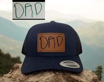 Fathers Day gift Ideas Dad Hat with Children’s Handwriting Custom Handwriting Hat Personalize Cap Gift for Him Engraved Leather Patch Hat
