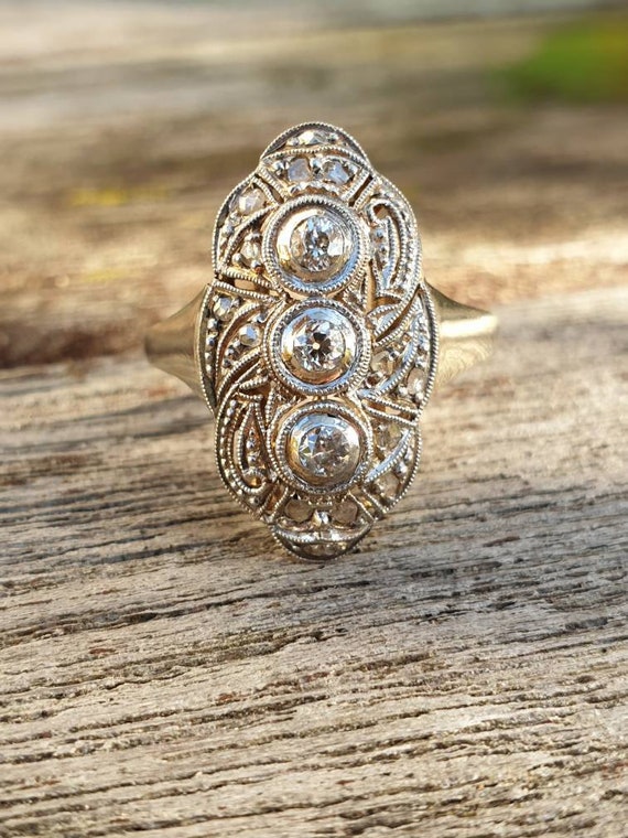 Antique Art Deco Diamond Navette Ring Gold Diamond Old Cut Etsy