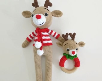Ensemble jouet et hochet Amigurumi cerf de Noël au crochet - Décoration des Fêtes faite main