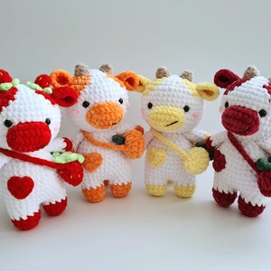 Crochet plush chubby milk cow with bag amigurumi toy,  Fruit cow toy, Berry cow toy, Mini stuffed animal cow, Crochet farm animal