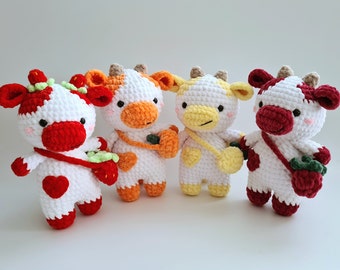 Crochet plush chubby milk cow with bag amigurumi toy,  Fruit cow toy, Berry cow toy, Mini stuffed animal cow, Crochet farm animal