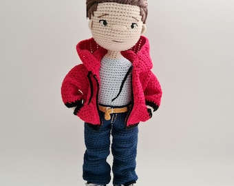 Handmade Crochet Boy Doll in Jeans, Red Hooded Jacket, and Sport Shoes - Unique Gift for Kids