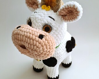 Crochet Plush Cow: Velvet Amigurumi Toy with Cowbell
