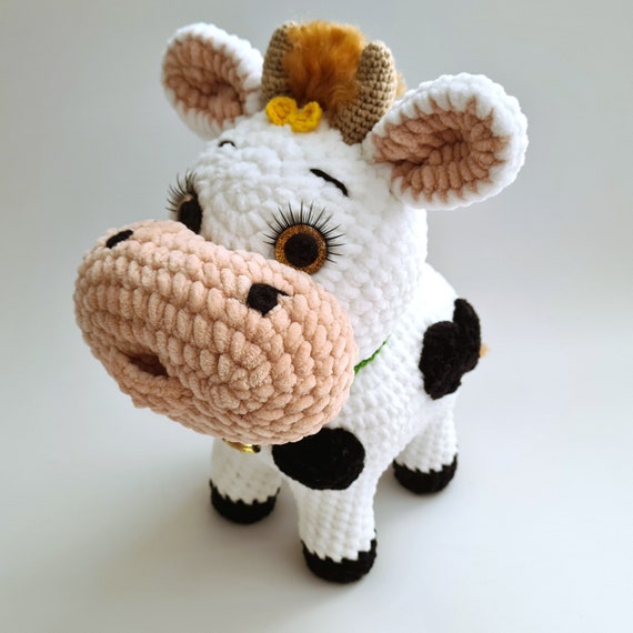 Crochet Plush Cow: Velvet Amigurumi Toy with Cowbell