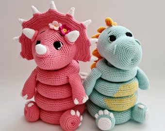 Crochet Dino Stacking Toy Set: Handmade Triceratops & Stegosaurus