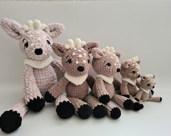 Plush deer toy family, Big velvet deer amigurumi toy, Cute soft crochet deer animal, Mini crochet deer toy