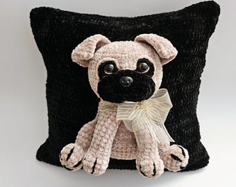 Pluche gehaakt pug kussen: 3D decoratief hondenkussen
