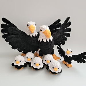 Crochet black bald eagle family, Crochet bald eagle trio combo, Stuffed eagle toy, Crochet eagle car accessories, Crochet eagle keychain
