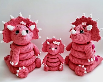 Crochet Triceratops Dinosaur Stacking Toy - Handmade Dino Stackable Toy - Unique Kids Gift - Nursery Decor - Parent and Kid Set