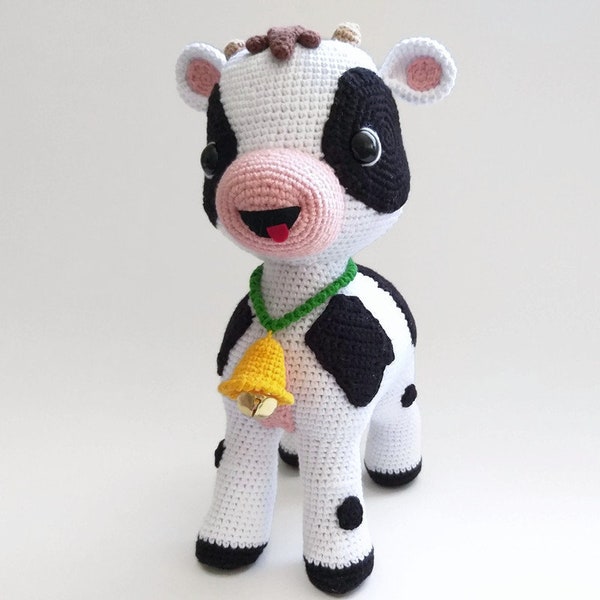 Crochet milk cow toy with rattle, Stuffed calf toy, Cute classic black white milk cow, Big crocheted cow toy, Farm animal toy