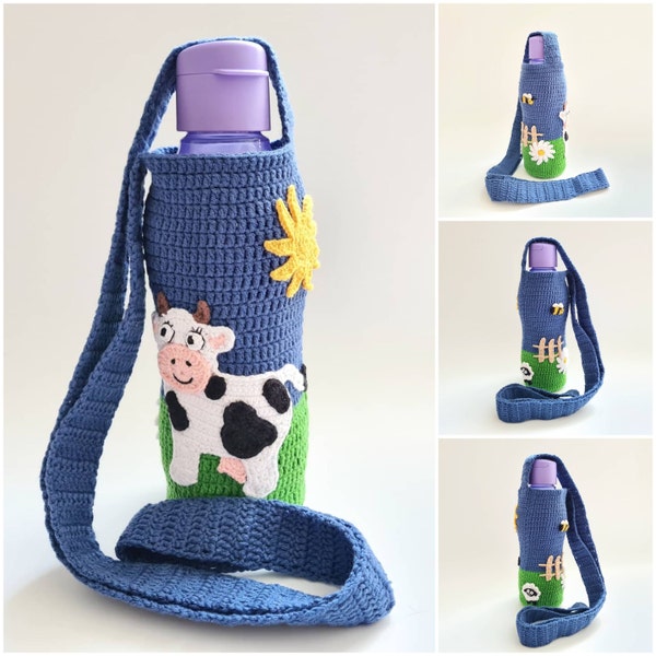 Crochet bottle holder with cow applique, stylish water bottle bag, farm applique bag, drink cozy, thermos carrier shoulder bag