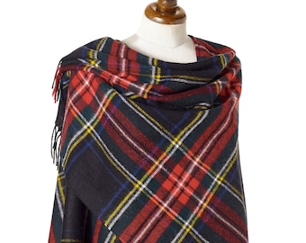 Black Stewart Tartan Merino Wool Shawl Poncho Wrap,Tartan Wool Shawl,Scottish Tartan Poncho Wrap,Wool Throw, Bronte By Moon Made in England