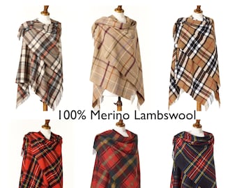 Merino Lambswool Tartan Shawl Poncho: Royal Stewart, Black Watch - Bronte by Moon