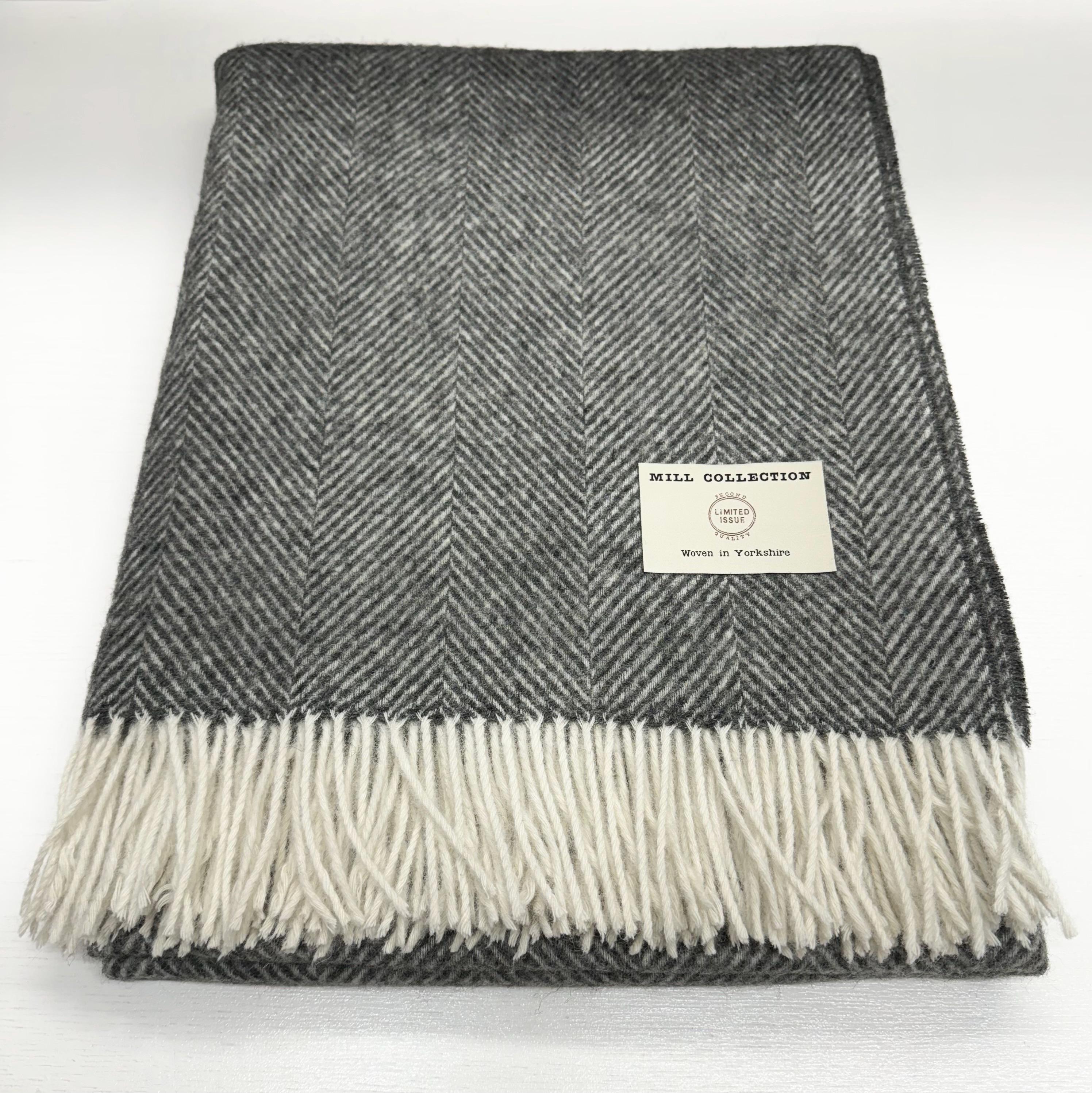 Special Offer 100% Dark Grey Pure New Lambswool Throw Blanket, Bronte By Moon Made in England